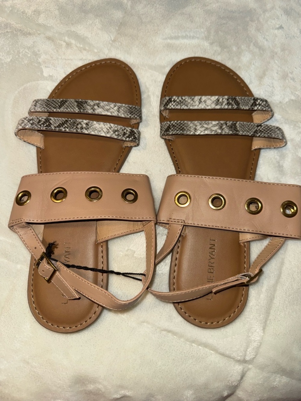 Lane Bryant Blush Pink Sandals with Snake-Print Straps and Gold Grommets
